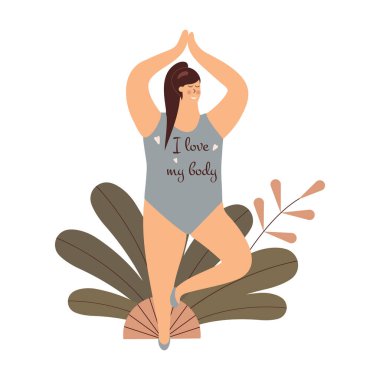 Body positivity cute young plump girl with more size-inclusive body do yoga.Plumpish lady in tree pose.Concept of evolving beauty standards and diversity.Inscription I love my body.Vector illustration clipart