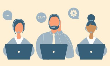 Kulaklıklı ve dizüstü bilgisayarlı müşteri hizmetleri çalışanları veya bilgisayarlı müşterilere danışmak. 7 / 24 çalışan yardım hattı operatörleri, küresel çevrimiçi teknik destek, çağrı merkezi, işlem sistemini ara. Vektör