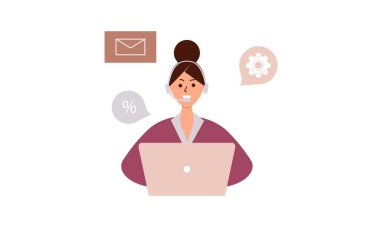 Müşteri hizmetlerinde çalışan kadın ya da asistan. İnternet üzerinden müşterilere danışın. Küresel teknik destek, çağrı merkezi, iş görüşmeleri, iş iletişimi kavramı. Vektör