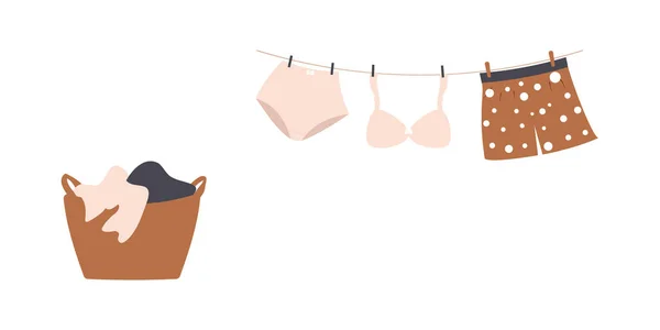 Concept of washing and drying: washed cute family underwear. Man boxers, woman bra and knickers hanging on clothesline and they are attached by clothespins.Wash basin with soap foam. Raster