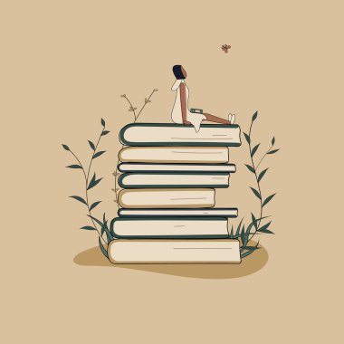 Kavram: kitap bilgi kaynağıdır. Arkadaşlarıyla birlikte kitap yığınının üzerinde oturan küçük Afrikalı bir kadın. Eğitimin sembolü olarak bitkilerle ciltler. Kütüphane veya kitapçı için. El çizimi vektörü