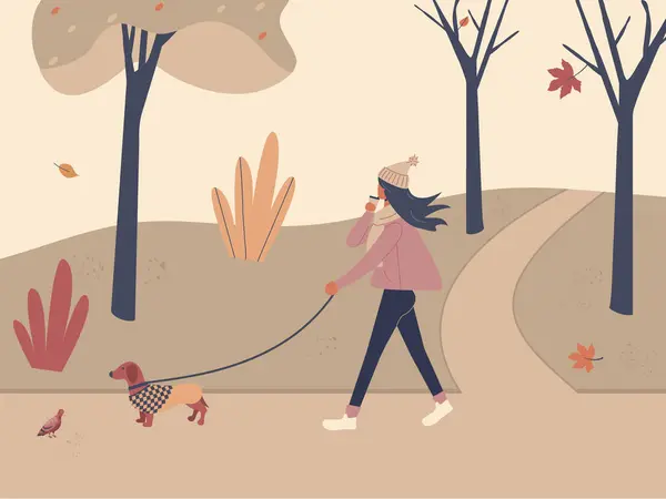 Cute girl walking with dog dachshund in overalls in autumn city park or forest and having coffee. Fall soothing outdoors landscape: trees, leaves, bushes in funky figures style. Vector illustration