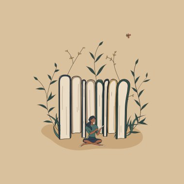 Kavram: Kitap bilginin kaynağıdır. Minik Afrikalı kadın Lotus-Poose 'da kitap yığınının yanında oturur ve kitap okur. Eğitimin sembolü olarak kitap yığınları. Kütüphane veya kitapçı için. El yapımı raster.
