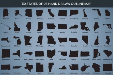 50 States of US Hand Drawn Outline Map Fully Editable, 300 DPI, High-Resolution EPS File Included. clipart