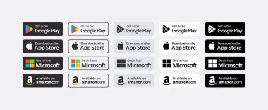 Google Play Store, Apple App Store, Amazon ve Microsoft Mağaza Rozetleri Seti, Popüler Gerçekçi Ödeme Logotype Paketi