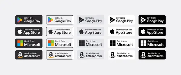 Google Play Store, Apple App Store, Amazon ve Microsoft Mağaza Rozetleri Seti, Popüler Gerçekçi Ödeme Logotype Paketi