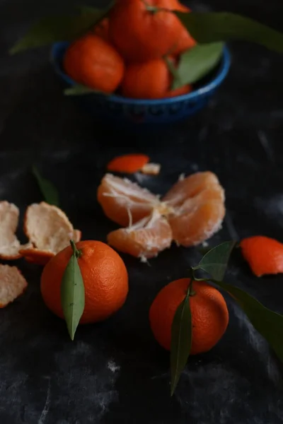 Group Tangerines Black Background — Stock Photo, Image