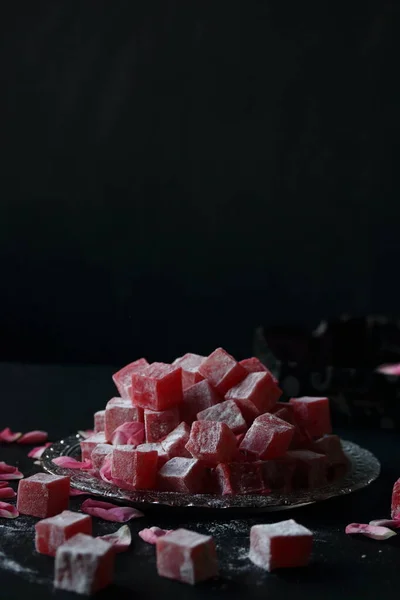 Rose Flavored Turkish Delight Black Background — Stock Photo, Image