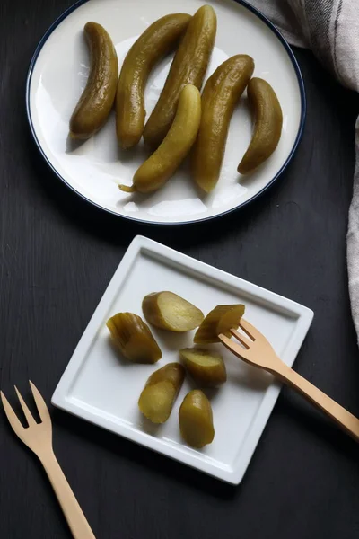 Cucumber Pickle Plate Black Background —  Fotos de Stock