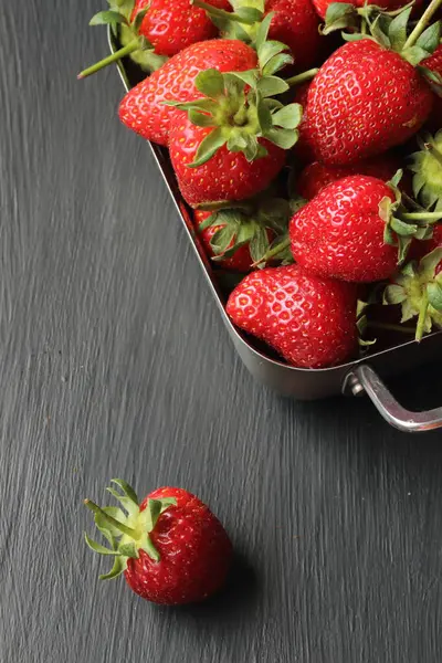 Strawberries Black Background Strawberries Metal Bowl Stock Photo