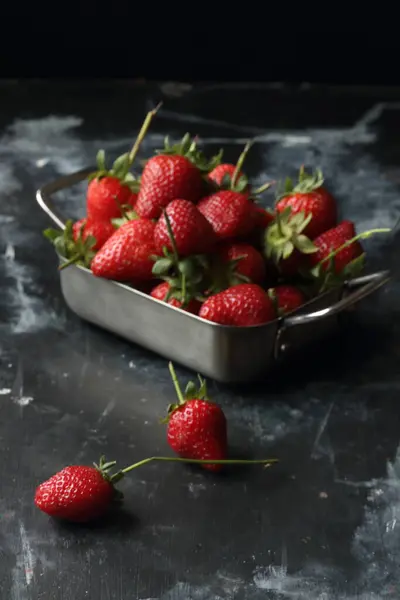 Strawberries Black Background Strawberries Metal Bowl Stock Photo