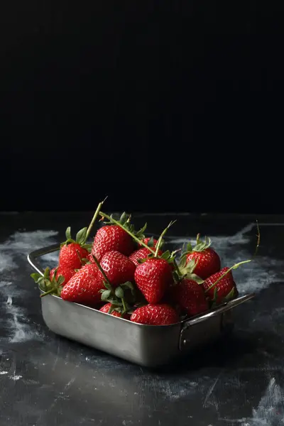 Strawberries Black Background Strawberries Metal Bowl Stock Picture