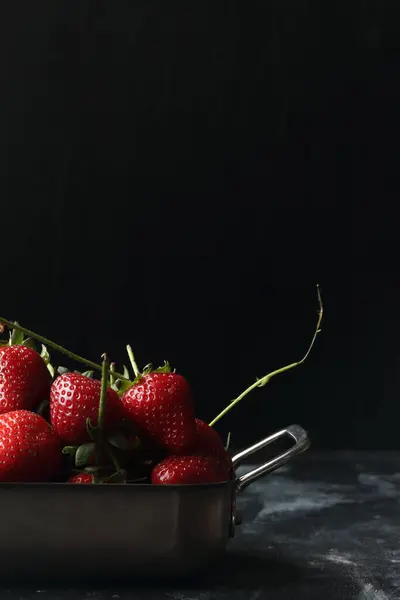 Strawberries Black Background Strawberries Metal Bowl Royalty Free Stock Photos