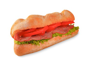 Baget - sosisli sandviç ve izole edilmiş beyaz arka planda taze sebzeler. Amerikan fast food.