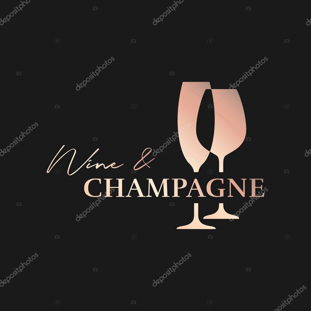Wine and Champagne logo with champagne glass and wine glass on black background 10 eps