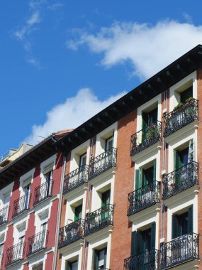 Typical houses in the central district of Lavapies, Madrid, Spain. Vertical photo.