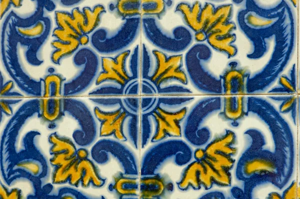 Textura Baldosas Portuguesas Vívidas Ornamentadas Florales Color Azul Amarillo Exterior —  Fotos de Stock