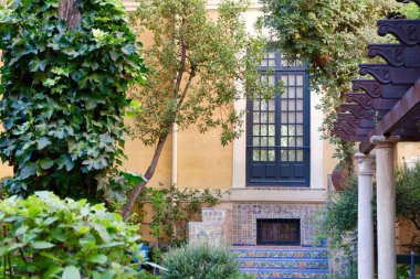 Pencere ve yaz mevsiminde canlı yeşillikleri olan canlı bir İspanyol bahçe avlusu. Madrid, İspanya 'daki tarihi halk bahçesi.