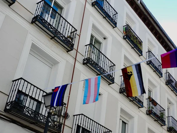 Different flags of lgbtq community hanging over the street against classical bright facades during gay pride month in Chueca district, Madrid, Spain.