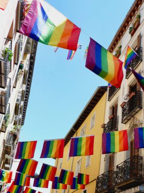 İspanya 'nın Madrid semtindeki gay dostu bölgelerde eşcinsel topluluklarının bayrağı eski binaların arasında asılıydı. Dikey fotoğraf.