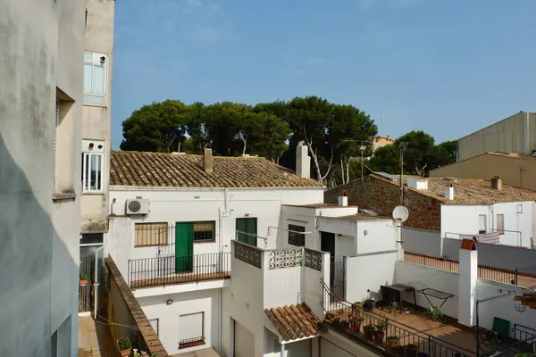 Internal yard of residential buildings in Catalonia, Spain. Daily life of typical neighbourhood.