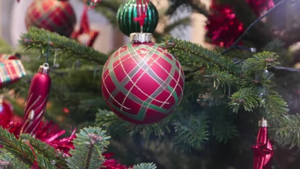 Dekorasi Pohon Natal Dengan Warna Hijau Dan Merah Tradisional — Stok Video