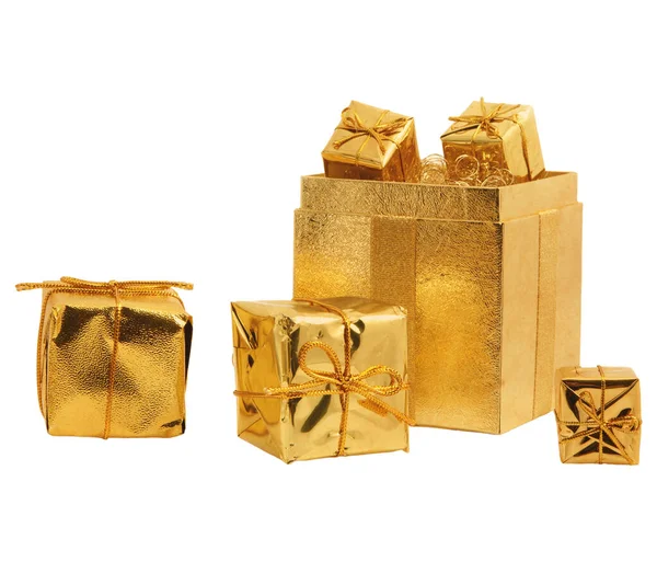 Lesklé Zlaté Dárky Krabice Izolované — Stock fotografie