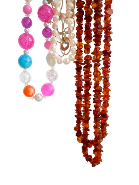 Hanging Necklaces Plastic Pearls Amber Isolated — Stock Photo, Image
