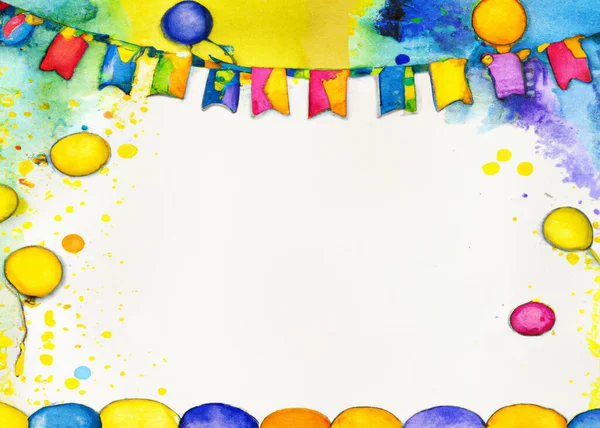 Birthday party background or frame with ballons,decoration and lots of vibrant color. White copy space area in the center. generative ai,ai,generative,illustration