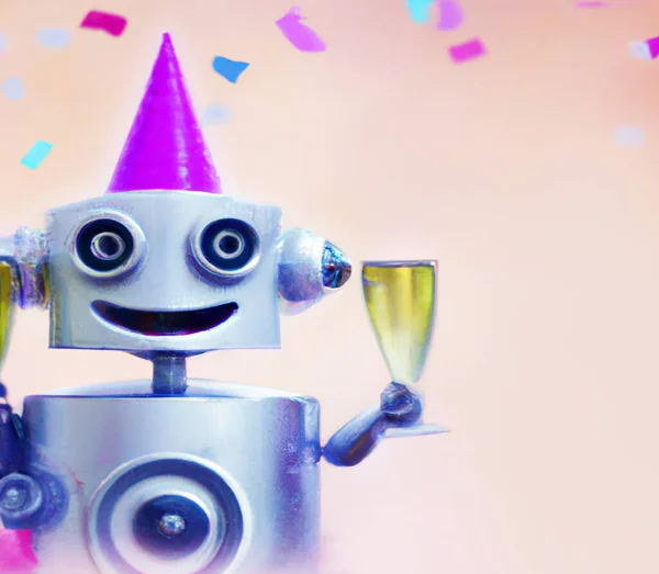 Roztomilý Party Robot Nabízející Sklenici Šampaňského Silvestra Party Spousta Kopírovat Stock Fotografie