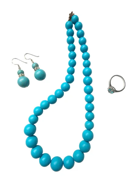 Pierres Précieuses Bleues Topaze Turquoise Perles Bleues Collier Bague Boucle — Photo