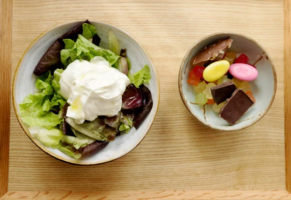 Eating Small Salad Fibre Apple Vinegar Olive Oil Greek Yoghurt — Stock Photo, Image