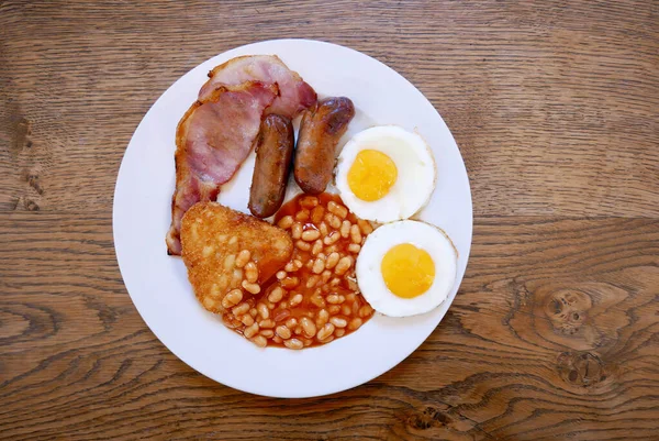Café Manhã Inglês Com Ovos Feijão Assado Salsichas Bacon Uma — Fotografia de Stock