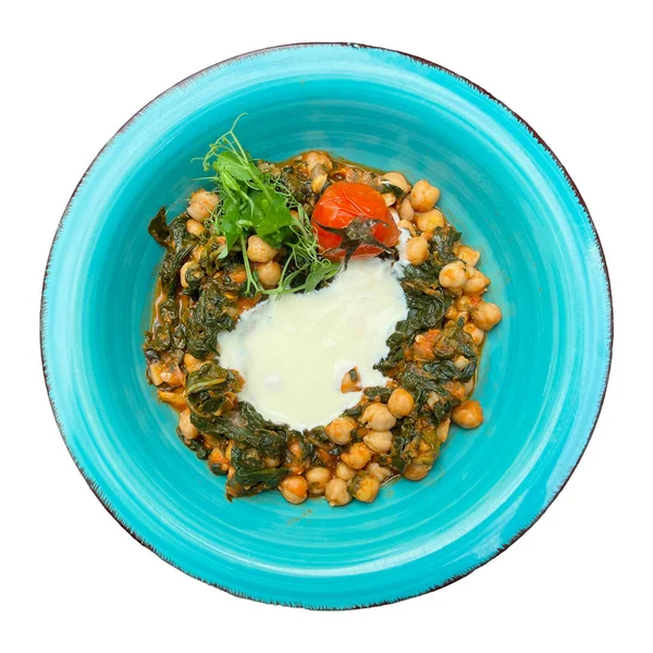 Vegetarian Dish Spicy Spinach Chickpeas Ceramic Bowl — Stock Photo, Image