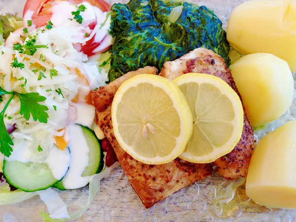 Fried Fish Salad Potatoes Close — Stock Photo, Image