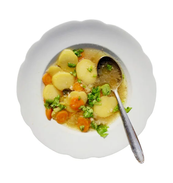 Zelfgemaakte Verse Aardappelsoep Ouderwets Bord Met Zilveren Lepel — Stockfoto