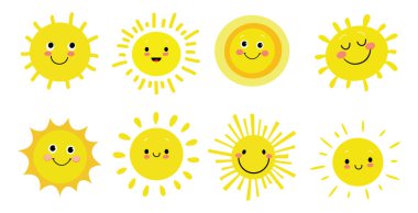 set of cute sun icons on white background. Cute sunny flat vector in beautiful style. Cartoon flat vector set. Vector background design.