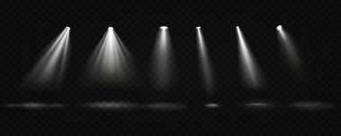 Stage spotlight. Collection of projector transparent light for stage lighting of podiums and stages. Vector illustration