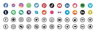 Popüler sosyal medya logosu koleksiyonu. Gerçekçi bir set. Facebook, twitter, instagram, youtube, reddit, telgraf, snapchat, pinterest, tiktok logo. Vektör illüstrasyonu