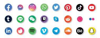 Gerçekçi sosyal medya ikonları. Sosyal ağ vektör sembolleri. Facebook, Twitter, Instagram, Tiktok, Whatsapp, Pinterest, Youtube, Xing, Google, Telegram, Discord, Linkedin. Vektör illüstrasyonu
