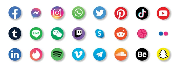 Gerçekçi sosyal medya ikonları. Sosyal ağ vektör sembolleri. Facebook, Twitter, Instagram, Tiktok, Whatsapp, Pinterest, Youtube, Xing, Google, Telegram, Discord, Linkedin. Vektör illüstrasyonu