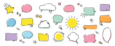 Diyalog için sevimli renkli konuşma baloncukları ya da rüya bulutları seti. Konuşma alıntı çerçeveleri, alıntı notu veya diyalog kutusu baloncuğu. Vektör illüstrasyonu