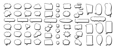 Beyaz arka planda Doodle koleksiyonu. Diyalog, sohbet konuşma balonu. Konuşma balonu seti, her amaç için harika bir tasarım. Vektör illüstrasyonu