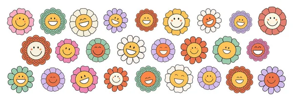 Groovy Flower Cartoon Characters Happy Stickers Set 70S Patches Pins — Stock Vector