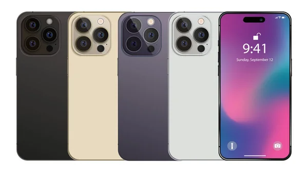 Mockup Iphone 14 profesyonel. Modern 3D sunum şablonu, beyaz arka planda akıllı telefon modeliyle benzer bir telefon. 3d vektör illüstrasyon tasarımı. Mokup ekran iPhone. Vektör illüstrasyonu