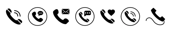 Farklı mesaj ve tepki sembolleri içeren basit bir telefon simgesi ayarlanıyor. Sohbet balonu simgesi. Telefon şifresi. Cep telefonuyla bağlantı kurun. Bizimle irtibata geç. Vektör illüstrasyonu