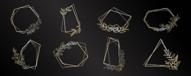 Altın düğün çerçevesi, altın düğün davetiyesi, lüks şablonlar, dekoratif desenler. Modern soyut. Vektör illüstrasyonu