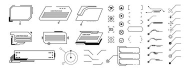 Gelecek arayüzü elementleri. Holografik hud kullanıcı arayüzü elemanları, yüksek teknoloji çubukları ve çerçeveler. Dijital gövde elementleri, teknoloji çubukları ve simgeler, parantezler ve hedefler. Vektör illüstrasyonu