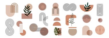 Elle çizilmiş asgari element orta yüzyıl vektör kümesi. Yeryüzü tonunda suluboya geometrik şekiller. Estetik çağdaş çizgi sanatı. Vektör illüstrasyonu