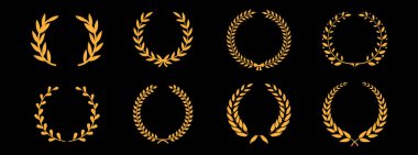 Farklı altın siluet defne yaprakları koleksiyonu. Antika defne çelenkleri koleksiyonu. El yapımı Laurel vektörü dekoratif elementler bırakır. Vektör illüstrasyonu